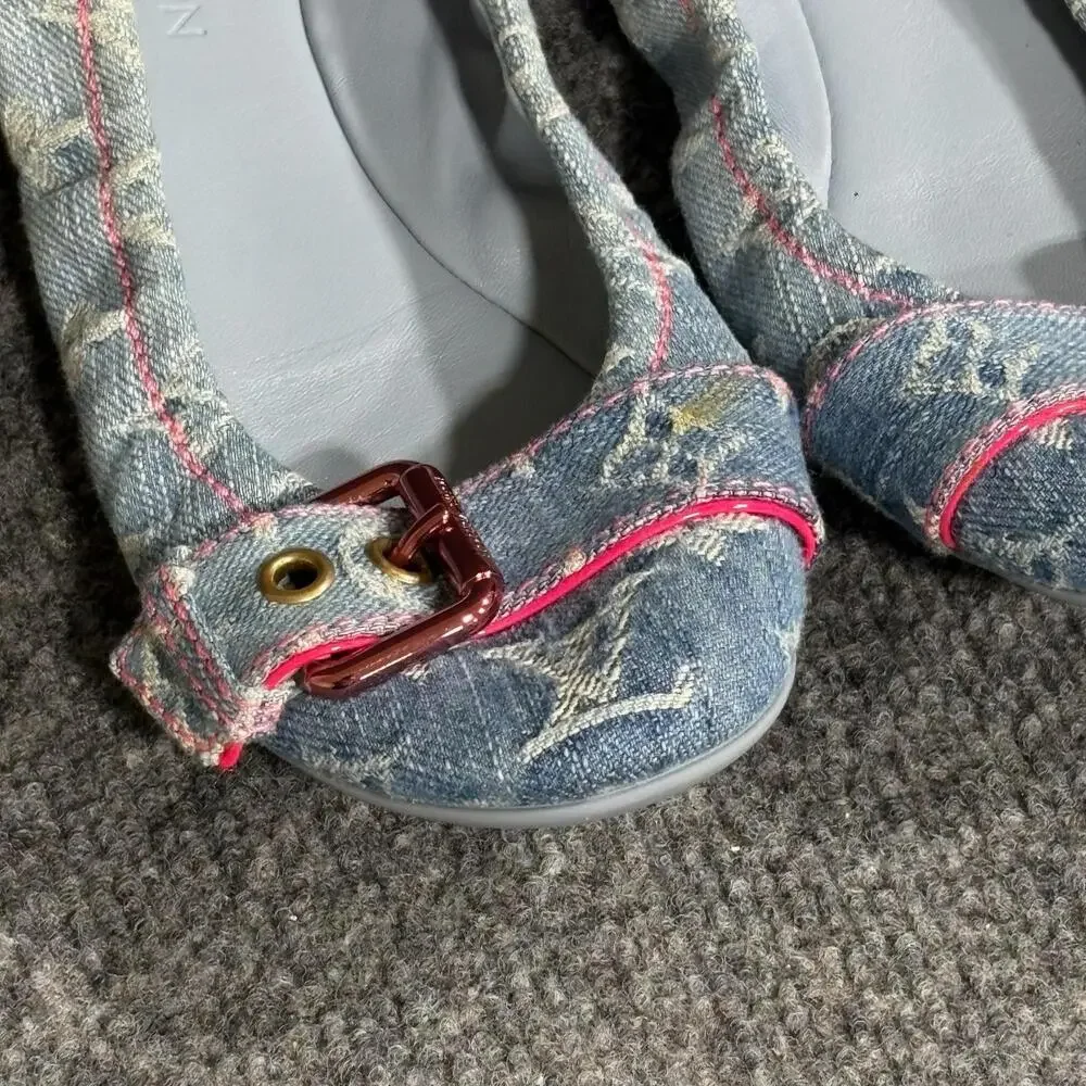 Louis Vuitton Shoes Womens 5.5 35.5 Monogram Denim Buckle Ballet Flats Italy
